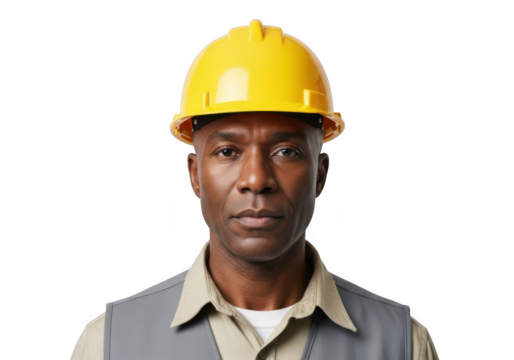 A serious african american construction worker wearing a bright yellow hard hat and safety vest isolated on transparent background