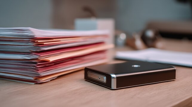 A stack of documents and a hard drive on a desk, with a blurred background of a chair and a lamp.