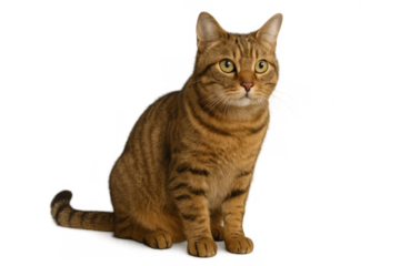 Domestic tabby cat sitting, looking forward with big eyes, cute pet animal cutout on transparent background
