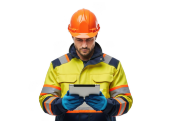 A focused construction worker wearing a high visibility jacket and hard hat holding a tablet computer isolated on transparent background