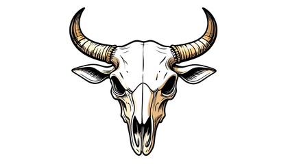 Detailed Illustration of a Bull Skull with Horns, Isolated on a White Background