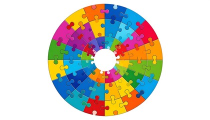 Obraz premium Colorful circular puzzle pieces on white background symbolizing teamwork and completion