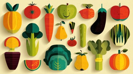 A colorful illustration featuring a variety of vegetables and fruits, including tomatoes, carrots, apples, and cucumbers, arranged in a playful and whimsical style.