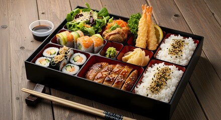 Neatly arranged Japanese bento lunch served at restaurant