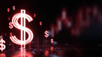 Luminous red dollar sign rotating in a dark digital environment with smaller currency symbols rising, representing concepts of financial crisis, stock market volatility, and economic downturn 4k - Powered by Adobe