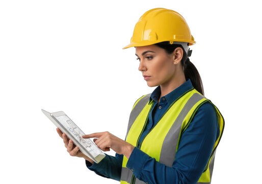Focused female construction worker wearing a yellow hard hat and high visibility vest reviewing blueprints on a tablet isolated on transparent background