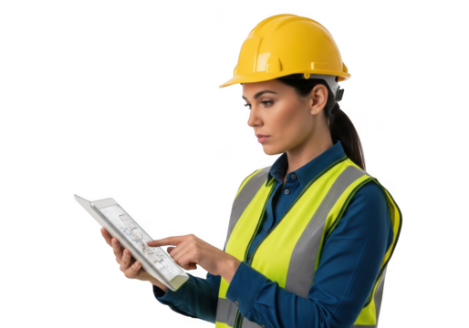 Focused female construction worker wearing a yellow hard hat and high visibility vest reviewing blueprints on a tablet isolated on transparent background - Powered by Adobe