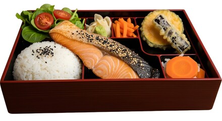 Bento box filled with grilled salmon, rice, and greens