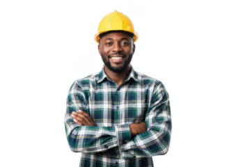 Smiling african american construction worker wearing a yellow hard hat and plaid shirt with arms crossed isolated on transparent background