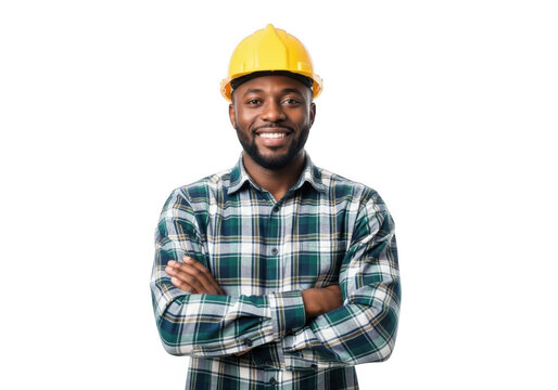 Smiling african american construction worker wearing a yellow hard hat and plaid shirt with arms crossed isolated on transparent background