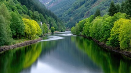 Fototapeta premium A Peaceful River Winds Through A Lush Forested Valley Bathed In Soft Natural Light With Verdant Trees Lining The Banks Reflecting In The Calm Water Under A Blue Sky