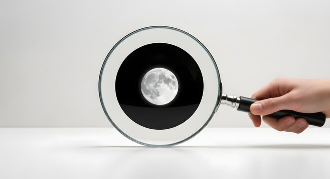 Hand holding a magnifying glass to reveal a stunning detailed image of the moon, symbolizing exploration, discovery, and cosmic wonder