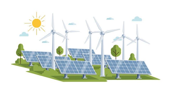 Sustainable energy farm featuring solar panels and wind turbines under a bright sun, representing clean power generation and environmental responsibility for a greener future. - Powered by Adobe