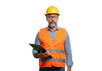Mature male construction worker wearing safety vest and hard hat holding clipboard isolated on transparent background