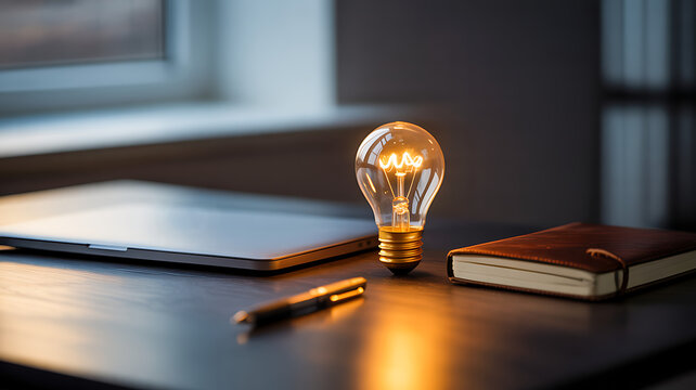 Photo Realistic Still Life of a Glowing Lightbulb Resting on a Dark Office Desk Next to Laptop Notebook and Pen Representing Ideas and Innovation