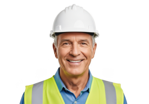 Portrait of a smiling senior construction worker wearing a white hard hat and bright yellow safety vest isolated on transparent background