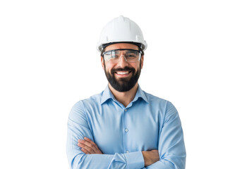 A smiling construction worker wearing a white hard hat and safety glasses with arms crossed isolated on transparent background