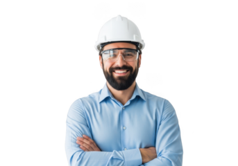 A smiling construction worker wearing a white hard hat and safety glasses with arms crossed isolated on transparent background