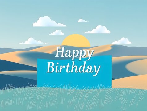 simple illustration of a stylized blue birthday card a serene landscape with rolling hills and fluffy white clouds, geometric shapes and vibrant blue with a warm sunny glow