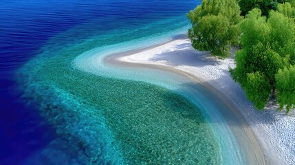 Aerial View Of A Heart Shaped Lagoon With Turquoise Water Gently Touching A Lush Green Tree Lined Shoreline Under Bright Sunlight