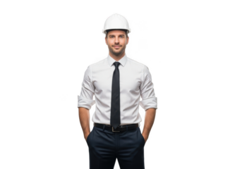 Professional male construction worker wearing white hard hat and white dress shirt with tie isolated on transparent background
