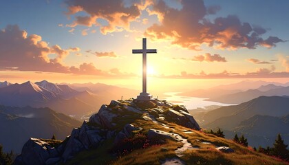 Dramatic landscape of cross atop mountain at sunset, representing faith and hope