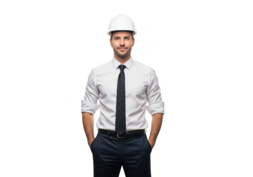 Professional male construction worker wearing white hard hat and white dress shirt with tie isolated on transparent background
