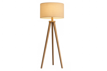 Modern tripod floor lamp illuminating a room, featuring a beige fabric shade and a light wooden stand for home decor