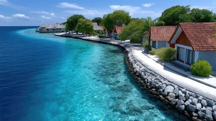 Obraz premium Aerial View Of A Small Tropical Island With Turquoise Ocean And White Sandy Beach Lined With Buildings And Lush Green Trees Under A Clear Blue Sky