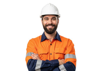Smiling construction worker wearing a white hard hat and high visibility orange safety jacket with arms crossed isolated on transparent background