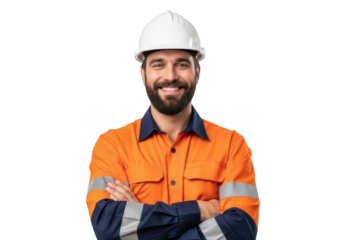 Smiling construction worker wearing a white hard hat and high visibility orange safety jacket with arms crossed isolated on transparent background