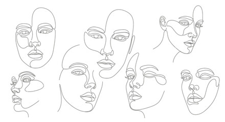 Stunning collection of abstract single line art faces conveying diverse emotions and modern elegance for artistic projects and branding