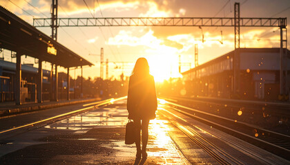 sunset in the train station