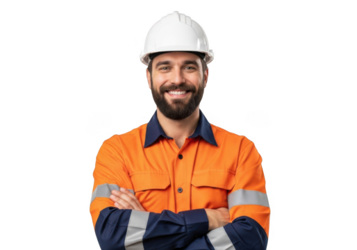 Smiling construction worker wearing a white hard hat and high visibility orange safety jacket with arms crossed isolated on transparent background