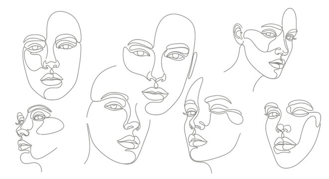 Stunning collection of abstract single line art faces conveying diverse emotions and modern elegance for artistic projects and branding