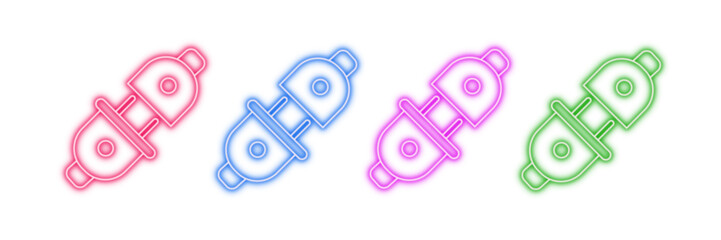 Neon glowing electrical plug connector vector icons set, adapter, power, electricity, connection, socket, charge, vibrant colorful digital design illustration on transparent background.