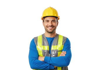 A smiling construction worker wearing a yellow hard hat and a high visibility safety vest with arms crossed isolated on transparent background