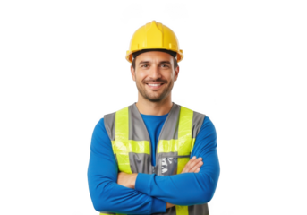 A smiling construction worker wearing a yellow hard hat and a high visibility safety vest with arms crossed isolated on transparent background