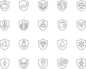 Collection of thin line shield icons with editable stroke suitable for security protection and emblem design projects