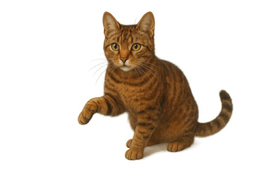 Obraz premium Tabby cat sitting with paw raised, cute domestic pet looking at camera, adorable feline on transparent background