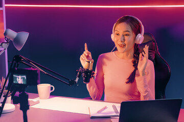 Host channel of creative broadcast listening the music on social media with listeners in positive...