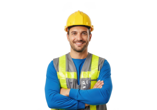 A smiling construction worker wearing a yellow hard hat and a high visibility safety vest with arms crossed isolated on transparent background - Powered by Adobe