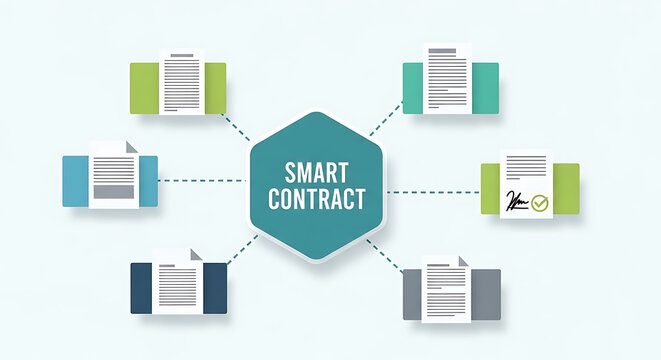 Smart Contract Concept with Connected Documents and Blockchain Technology.