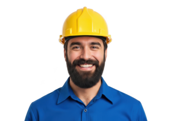 Smiling bearded man wearing yellow hard hat and blue collared shirt isolated on transparent background