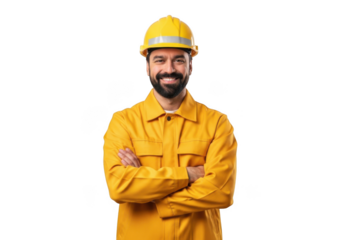 A smiling bearded man wearing a yellow hard hat and yellow protective workwear stands with his arms crossed isolated on transparent background