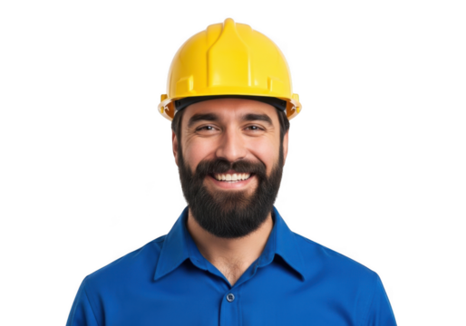Smiling bearded man wearing yellow hard hat and blue collared shirt isolated on transparent background