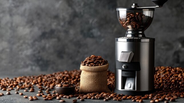 A coffee grinder with coffee beans in it, placed on a dark background with scattered coffee beans around.