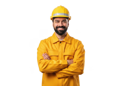A smiling bearded man wearing a yellow hard hat and yellow protective workwear stands with his arms crossed isolated on transparent background