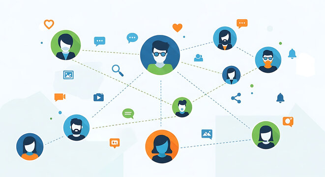Social network connection with diverse user avatars and communication icons.