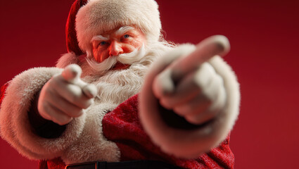 Santa Claus pointing fingers at viewer with red background